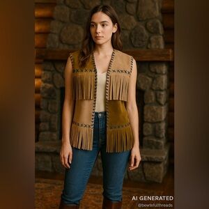 Vintage Suede Fringe Vest XS–S Western Boho 70s Patchwork